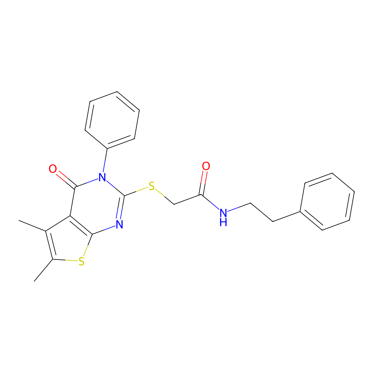 2-({5,6-dimethyl-4-oxo-3-phenyl-3H,4H-thieno[2,3-d]pyrimidin-2-yl}sulfanyl)-N-(2-phenylethyl)acetamide molecular structure, CAS 618395-70-3