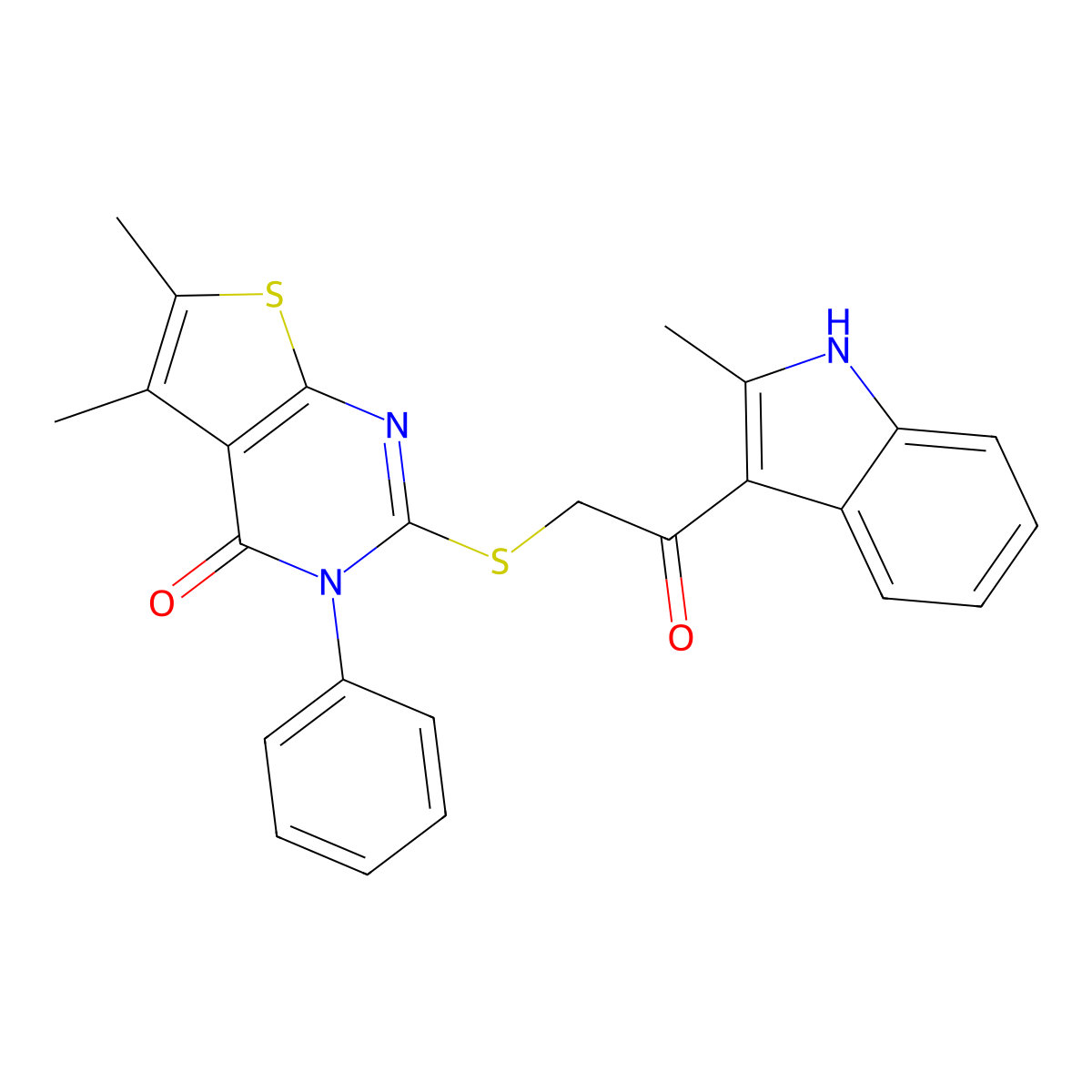 5,6-dimethyl-2-{[2-(2-methyl-1H-indol-3-yl)-2-oxoethyl]sulfanyl}-3-phenyl-3H,4H-thieno[2,3-d]pyrimidin-4-one molecular structure, CAS 618395-82-7