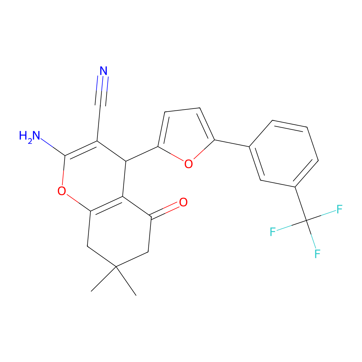 2-amino-7,7-dimethyl-5-oxo-4-{5-[3-(trifluoromethyl)phenyl]furan-2-yl}-5,6,7,8-tetrahydro-4H-chromene-3-carbonitrile molecular structure, CAS 618395-90-7