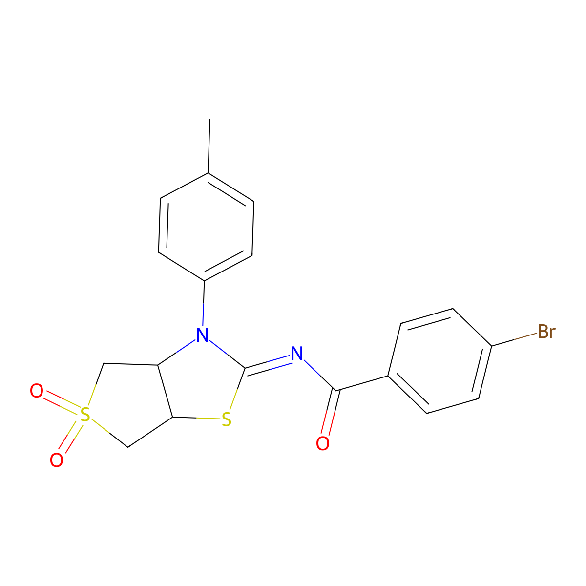 (E)-4-bromo-N-(5,5-dioxido-3-(p-tolyl)tetrahydrothieno[3,4-d]thiazol-2(3H)-ylidene)benzamide molecular structure, CAS 618397-36-7
