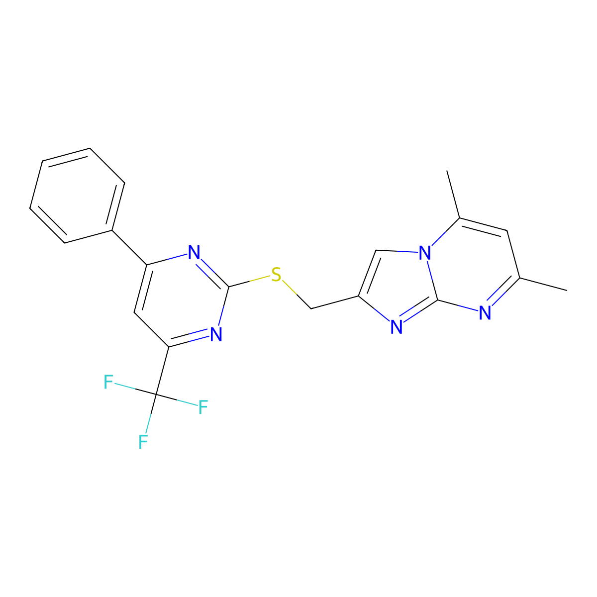 5,7-Dimethyl-2-(((4-phenyl-6-(trifluoromethyl)pyrimidin-2-yl)thio)methyl)imidazo[1,2-a]pyrimidine molecular structure, CAS 618399-27-2