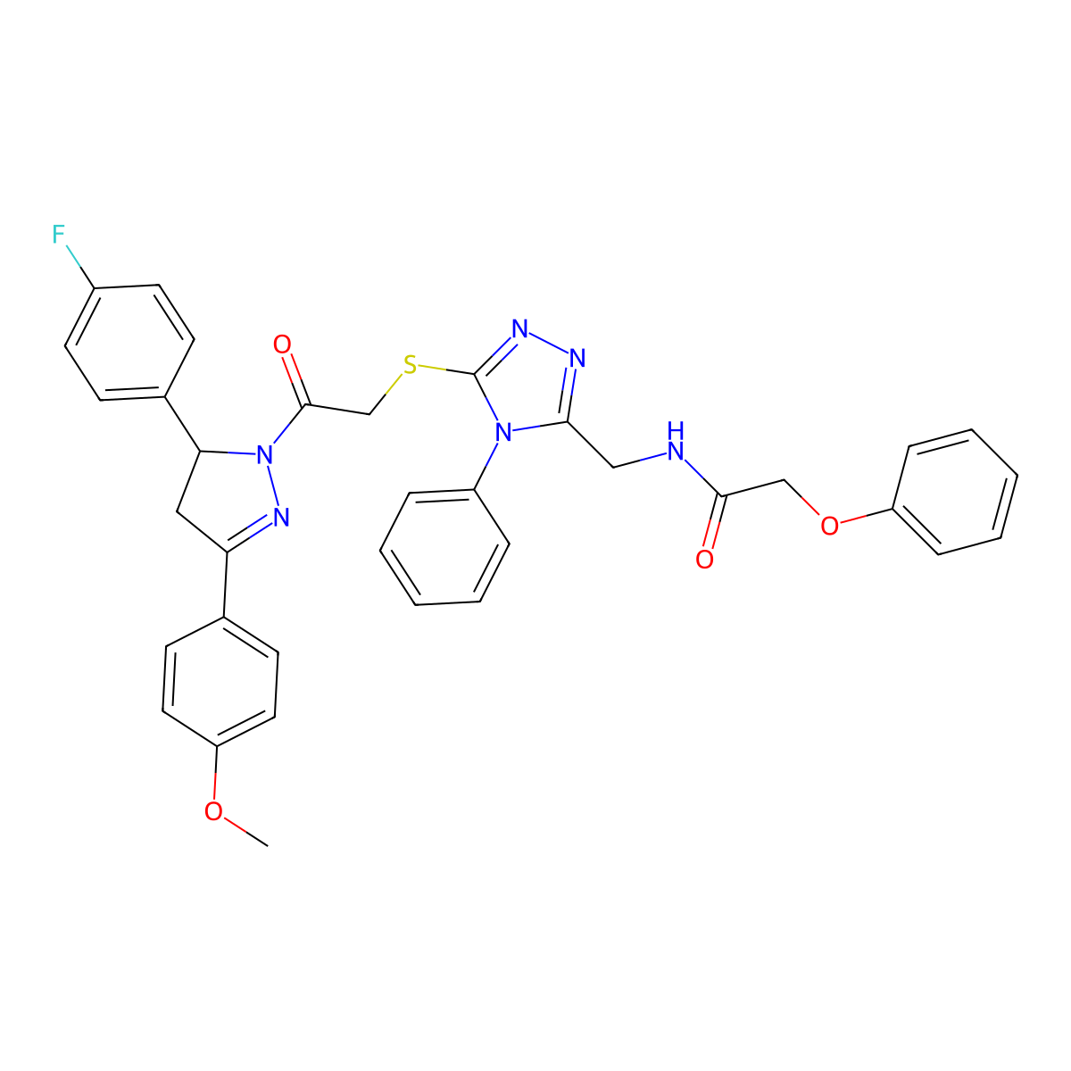 N-[[5-[2-[3-(4-fluorophenyl)-5-(4-methoxyphenyl)-3,4-dihydropyrazol-2-yl]-2-oxoethyl]sulfanyl-4-phenyl-1,2,4-triazol-3-yl]methyl]-2-phenoxyacetamide molecular structure, CAS 6184-15-2