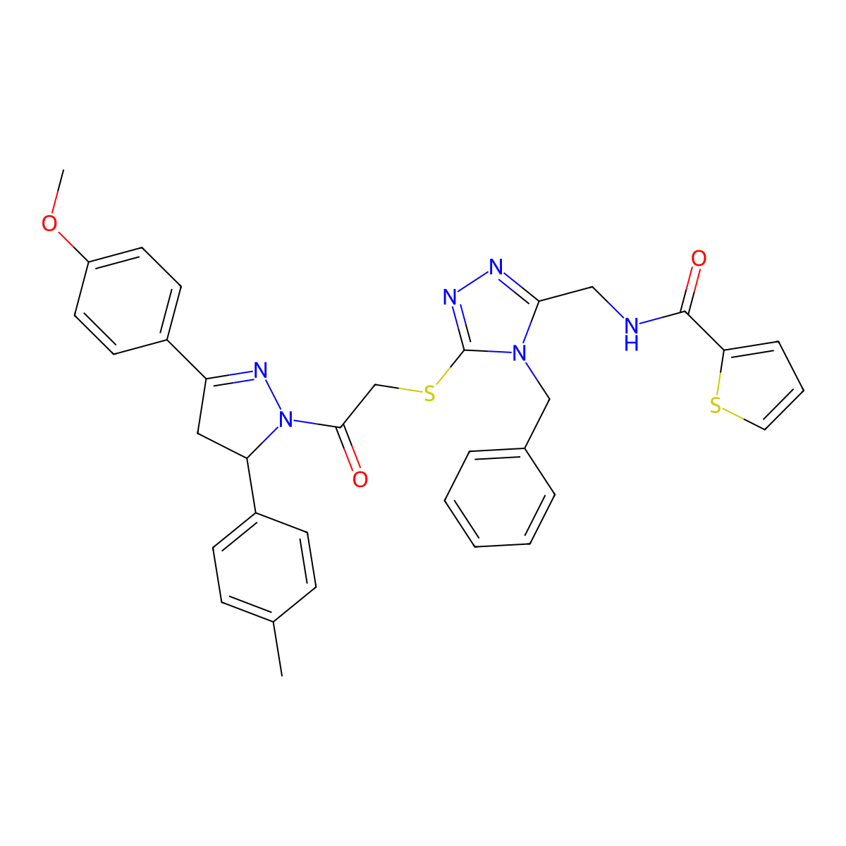 N-[[4-benzyl-5-[2-[5-(4-methoxyphenyl)-3-(4-methylphenyl)-3,4-dihydropyrazol-2-yl]-2-oxoethyl]sulfanyl-1,2,4-triazol-3-yl]methyl]thiophene-2-carboxamide molecular structure, CAS 6184-39-0