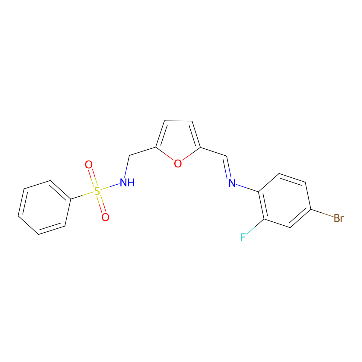 N-[(5-{(E)-[(4-bromo-2-fluorophenyl)imino]methyl}furan-2-yl)methyl]benzenesulfonamide molecular structure, CAS 6184-40-3