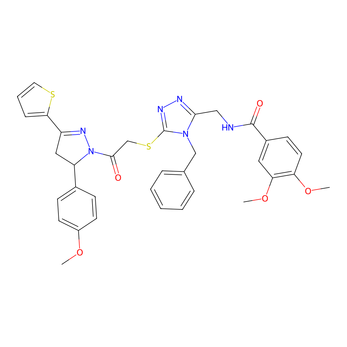N-[[4-benzyl-5-[2-[3-(4-methoxyphenyl)-5-thiophen-2-yl-3,4-dihydropyrazol-2-yl]-2-oxoethyl]sulfanyl-1,2,4-triazol-3-yl]methyl]-3,4-dimethoxybenzamide molecular structure, CAS 6184-43-6