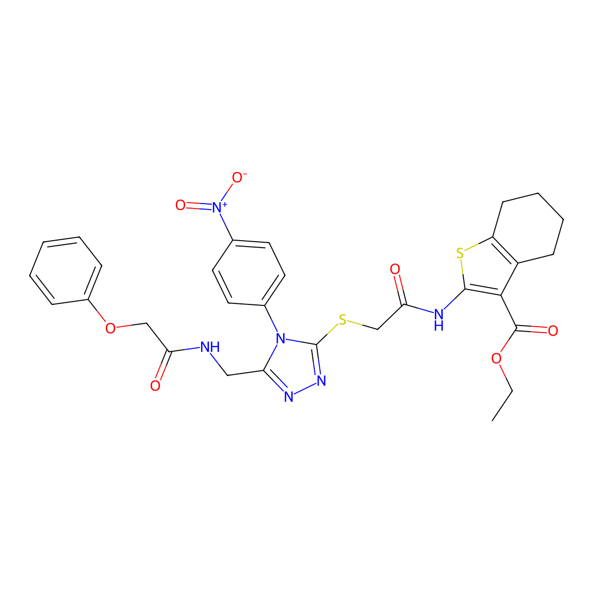 ethyl 2-(2-((4-(4-nitrophenyl)-5-((2-phenoxyacetamido)methyl)-4H-1,2,4-triazol-3-yl)thio)acetamido)-4,5,6,7-tetrahydrobenzo[b]thiophene-3-carboxylate molecular structure, CAS 6184-76-5