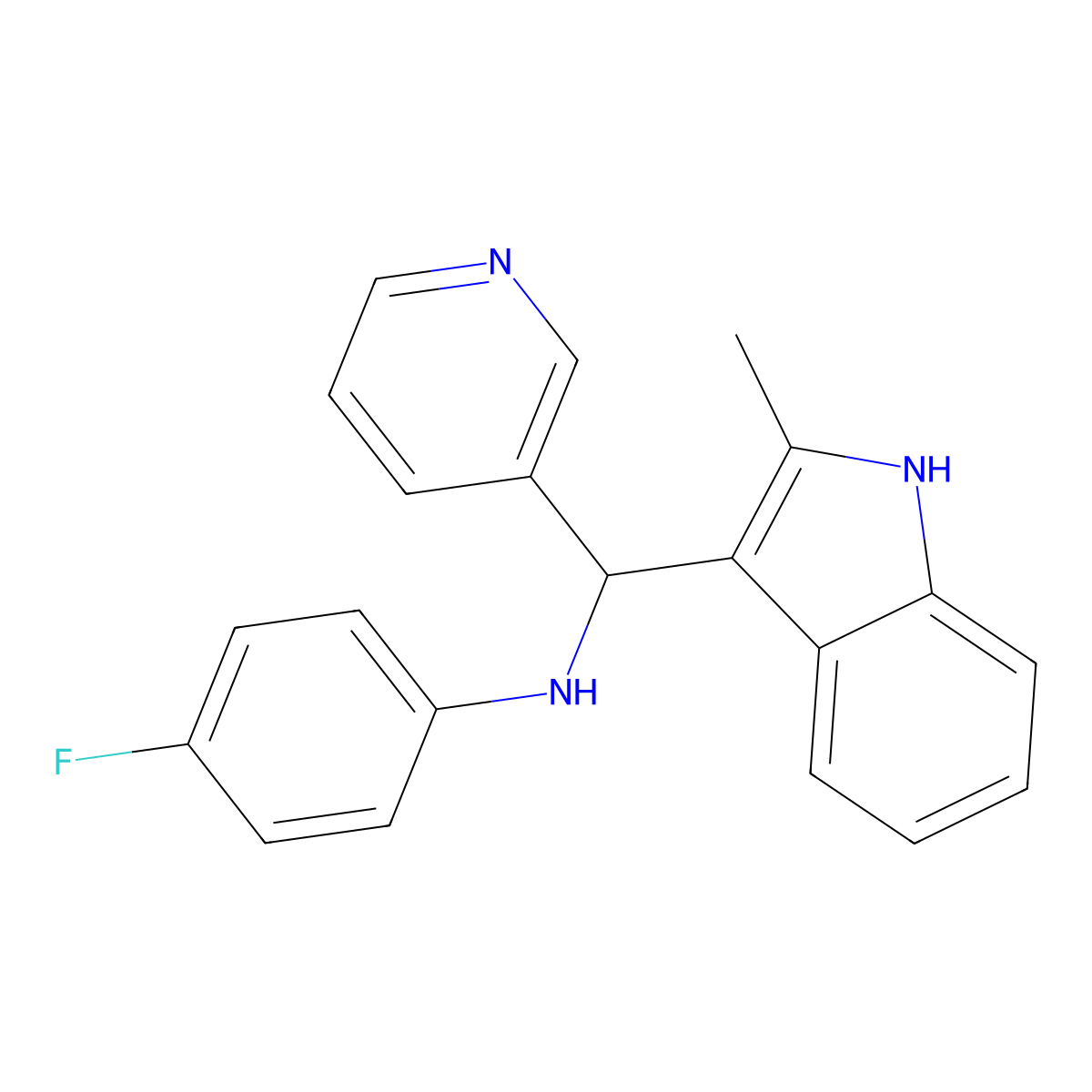 4-fluoro-N-((2-methyl-1H-indol-3-yl)(pyridin-3-yl)methyl)aniline molecular structure, CAS 618400-26-3