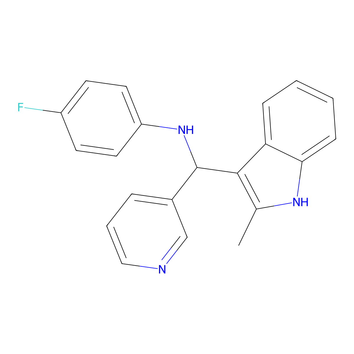4-fluoro-N-((2-methyl-1H-indol-3-yl)(pyridin-3-yl)methyl)aniline molecular structure, CAS 618400-26-3