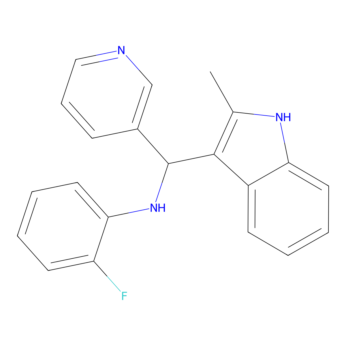 2-fluoro-N-[(2-methyl-1H-indol-3-yl)(pyridin-3-yl)methyl]aniline molecular structure, CAS 618400-30-9