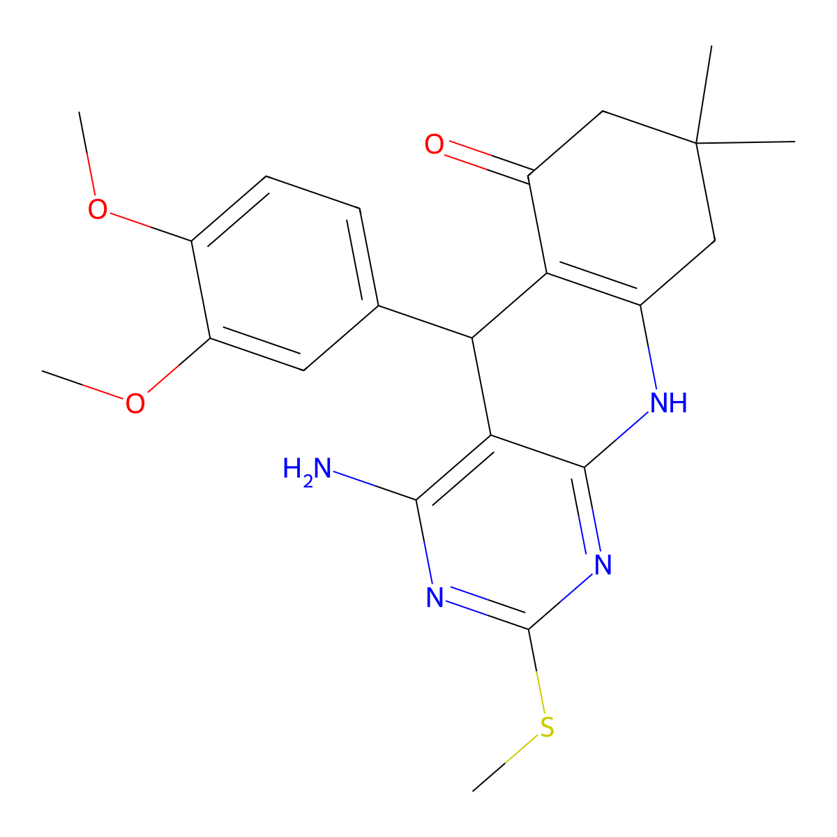 4-Amino-5-(3,4-dimethoxyphenyl)-8,8-dimethyl-2-methylsulfanyl-5,7,9,10-tetrahydropyrimido[4,5-b]quinolin-6-one molecular structure, CAS 618401-00-6