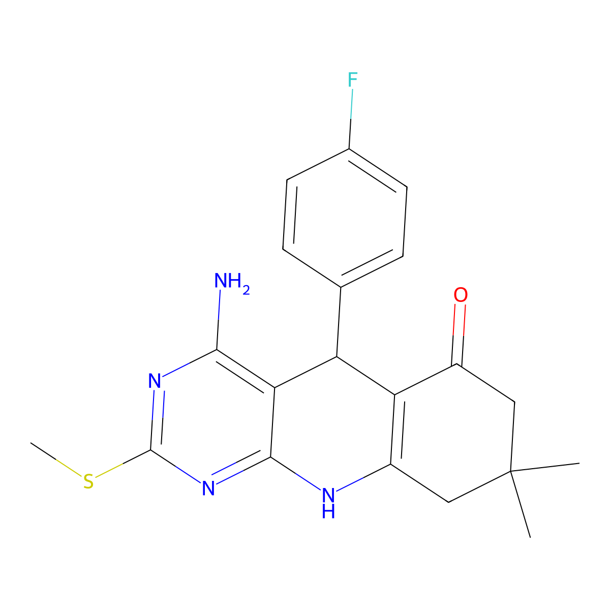 4-amino-5-(4-fluorophenyl)-8,8-dimethyl-2-(methylsulfanyl)-5,8,9,10-tetrahydropyrimido[4,5-b]quinolin-6(7H)-one molecular structure, CAS 618401-24-4