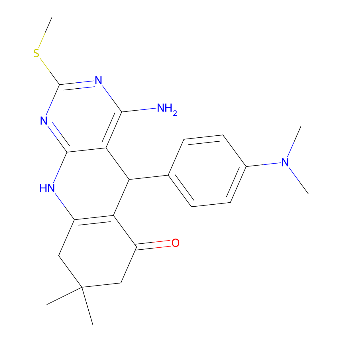4-amino-5-(4-(dimethylamino)phenyl)-8,8-dimethyl-2-(methylthio)-7,8,9,10-tetrahydropyrimido[4,5-b]quinolin-6(5H)-one molecular structure, CAS 618401-34-6