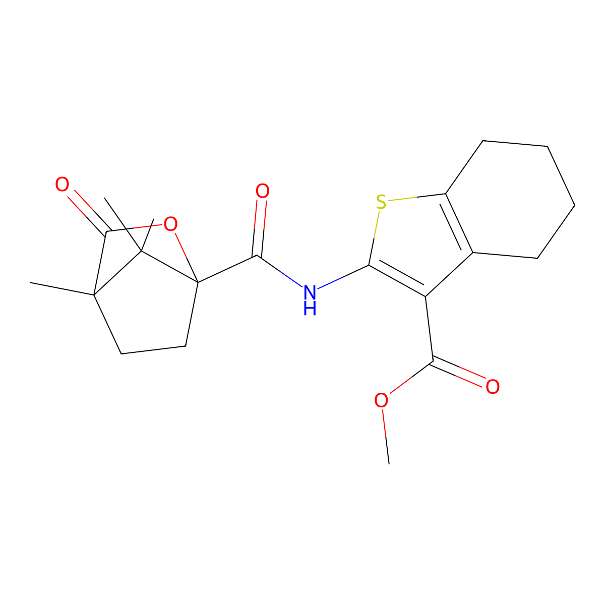 Methyl 2-{[(4,7,7-trimethyl-3-oxo-2-oxabicyclo[2.2.1]hept-1-yl)carbonyl]amino}-4,5,6,7-tetrahydro-1-benzothiophene-3-carboxylate molecular structure, CAS 618401-61-9