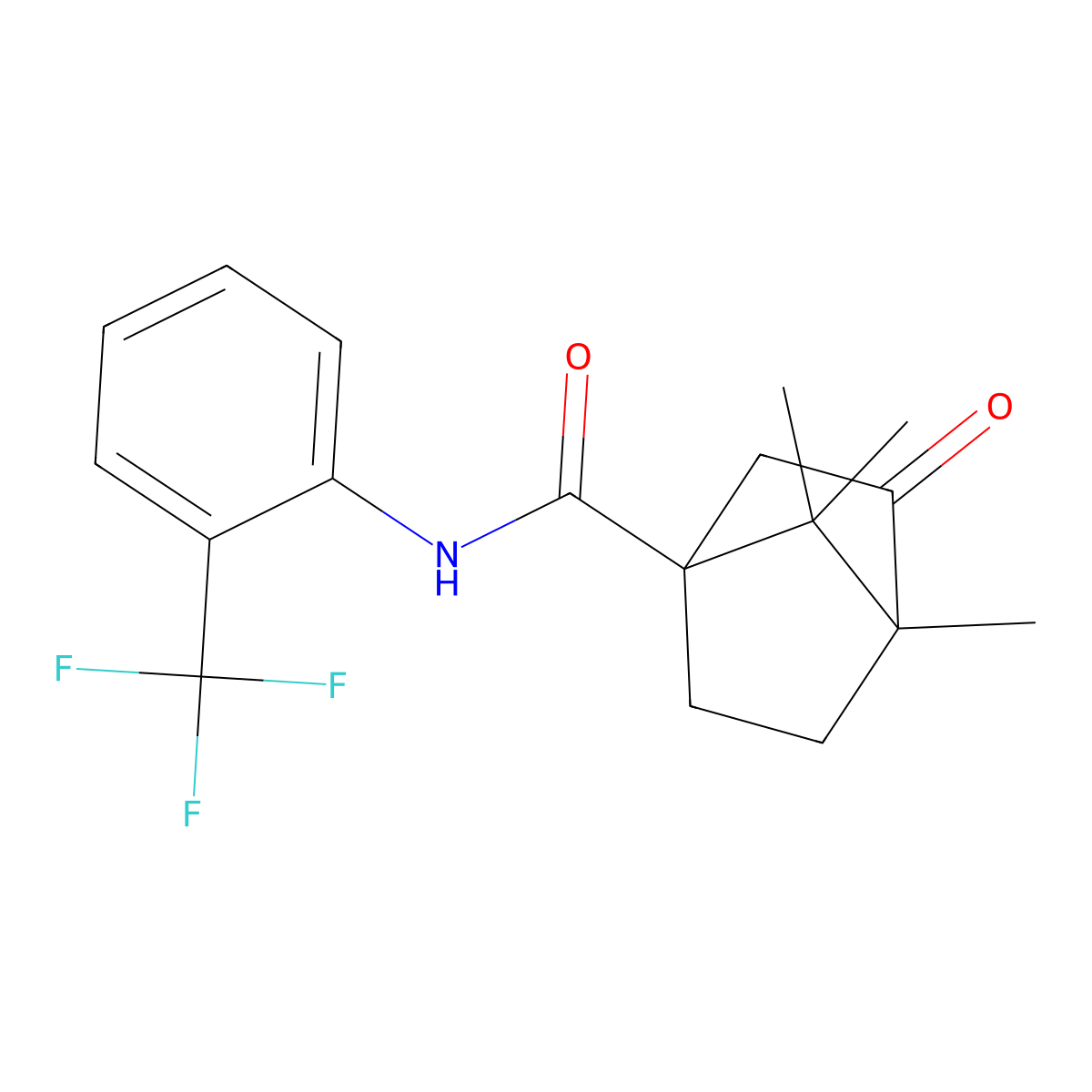 4,7,7-trimethyl-3-oxo-N-[2-(trifluoromethyl)phenyl]bicyclo[2.2.1]heptane-1-carboxamide molecular structure, CAS 618402-85-0