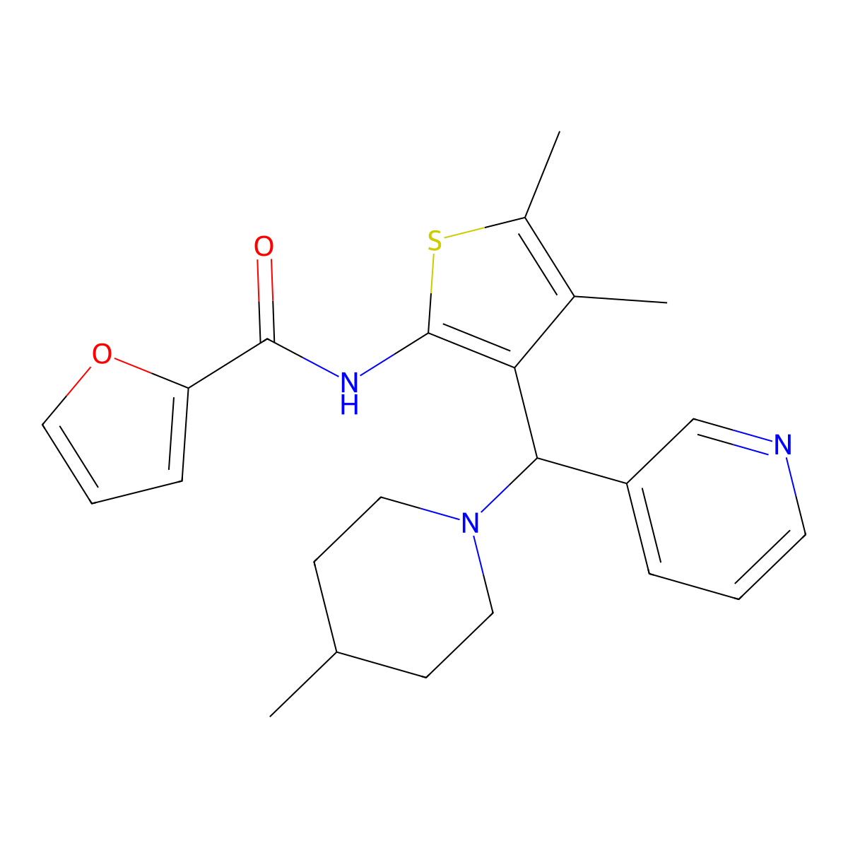 N-{4,5-dimethyl-3-[(4-methylpiperidin-1-yl)(pyridin-3-yl)methyl]thiophen-2-yl}furan-2-carboxamide molecular structure, CAS 618404-55-0