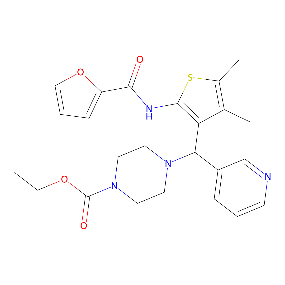 Ethyl 4-((2-(furan-2-carboxamido)-4,5-dimethylthiophen-3-yl)(pyridin-3-yl)methyl)piperazine-1-carboxylate molecular structure, CAS 618404-70-9