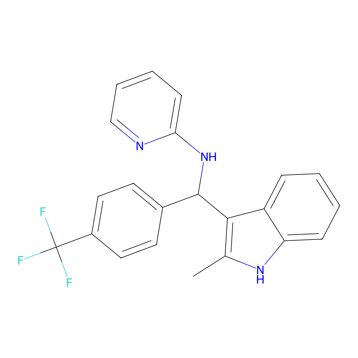 N-((2-methyl-1H-indol-3-yl)(4-(trifluoromethyl)phenyl)methyl)pyridin-2-amine molecular structure, CAS 618405-05-3
