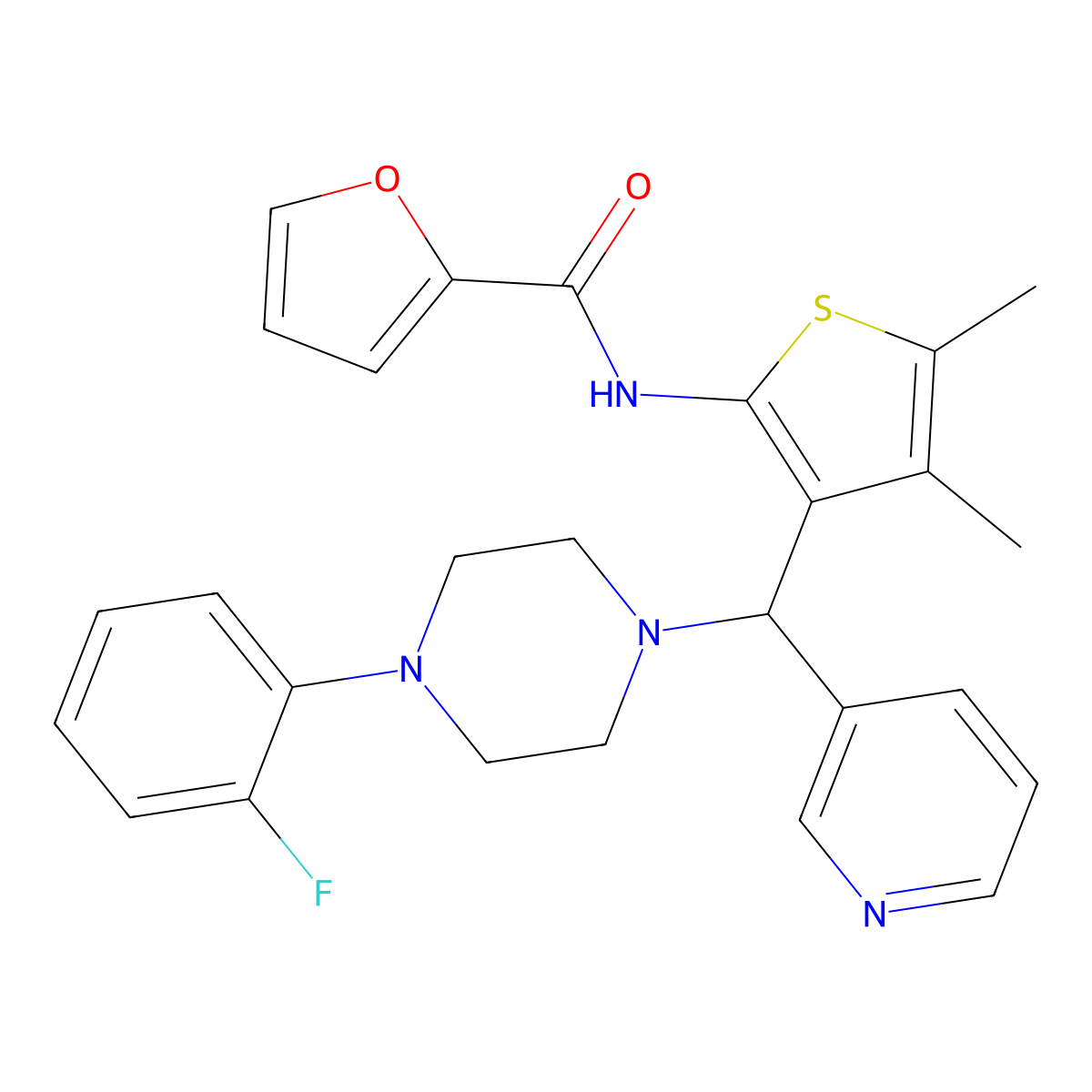 N-(3-{[4-(2-fluorophenyl)piperazin-1-yl](pyridin-3-yl)methyl}-4,5-dimethylthiophen-2-yl)furan-2-carboxamide molecular structure, CAS 618405-13-3
