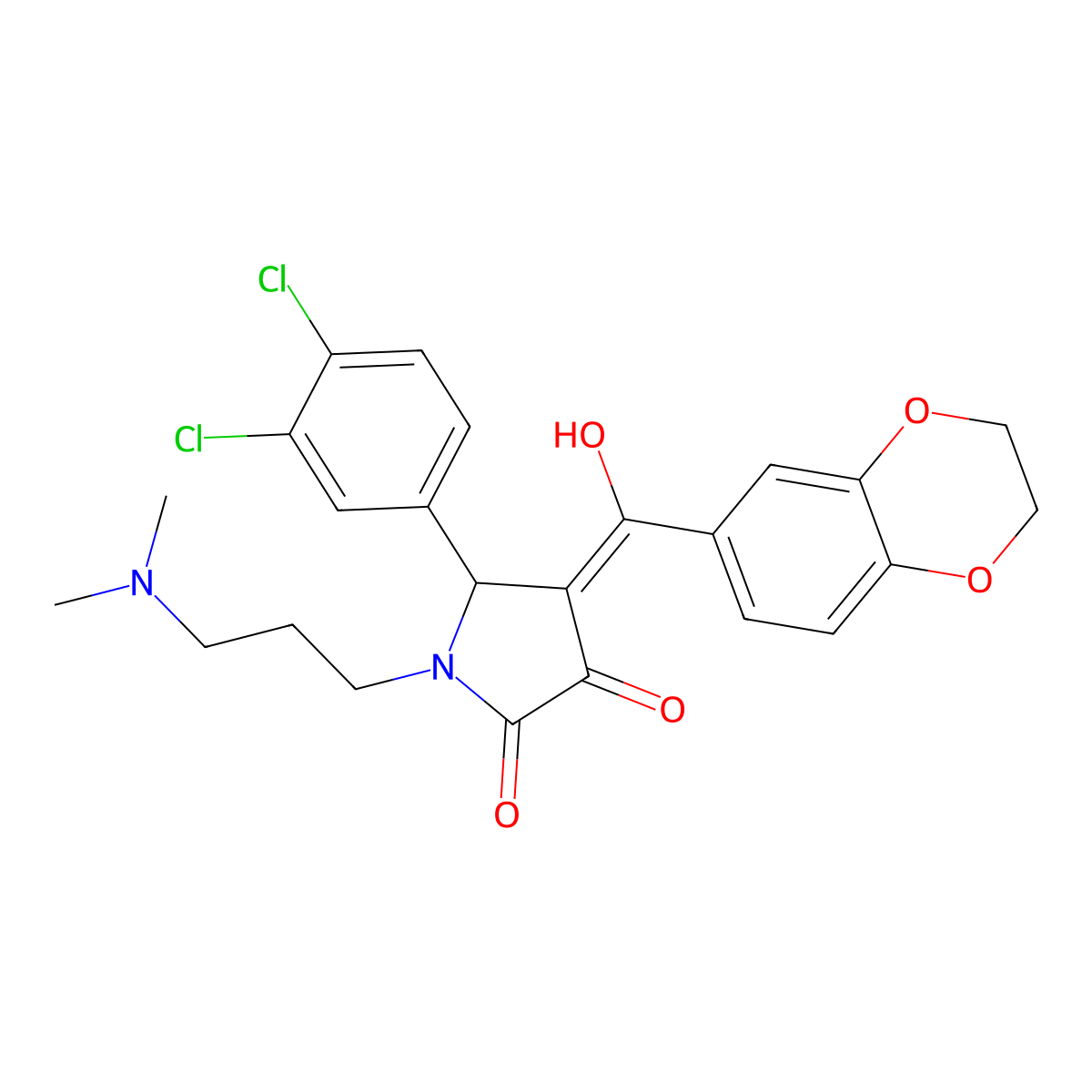 5-(3,4-Dichlorophenyl)-4-[2,3-dihydro-1,4-benzodioxin-6-yl(hydroxy)methylidene]-1-[3-(dimethylamino)propyl]pyrrolidine-2,3-dione molecular structure, CAS 618406-06-7