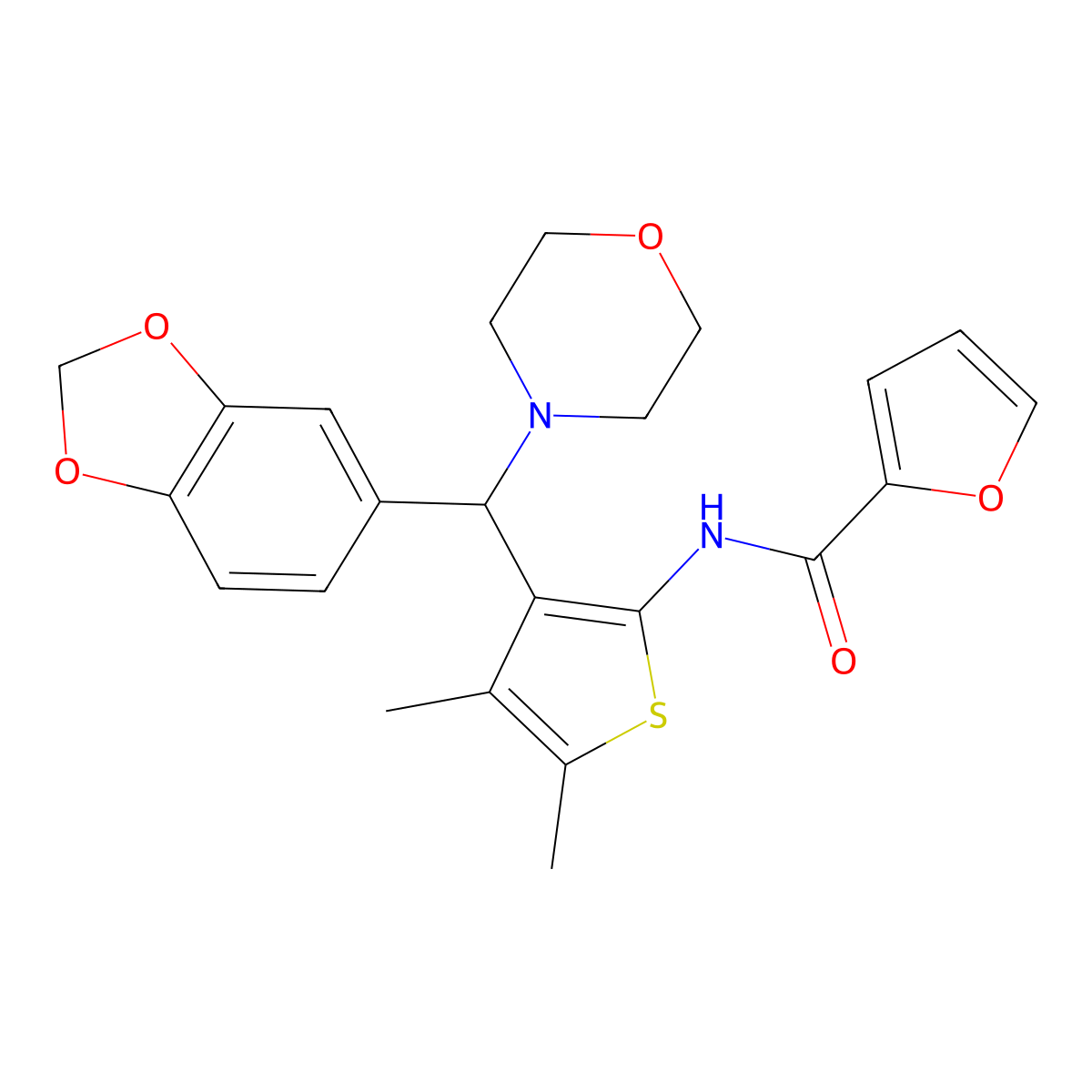 N-(3-(benzo[d][1,3]dioxol-5-yl(morpholino)methyl)-4,5-dimethylthiophen-2-yl)furan-2-carboxamide molecular structure, CAS 618407-12-8