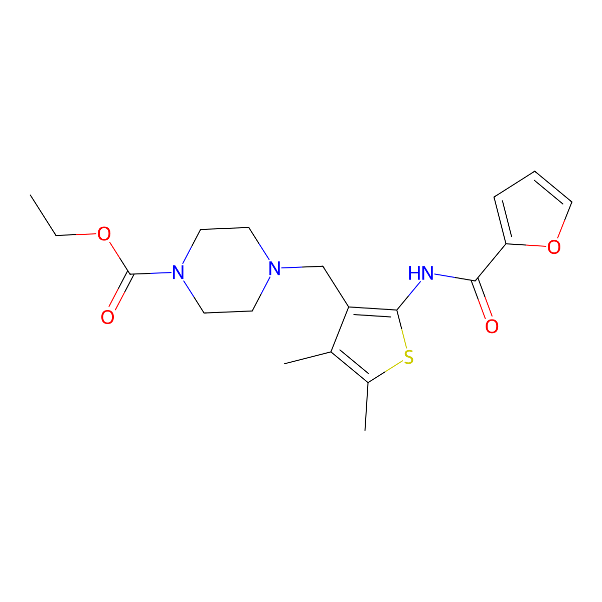 Ethyl 4-((2-(furan-2-carboxamido)-4,5-dimethylthiophen-3-yl)methyl)piperazine-1-carboxylate molecular structure, CAS 618408-40-5