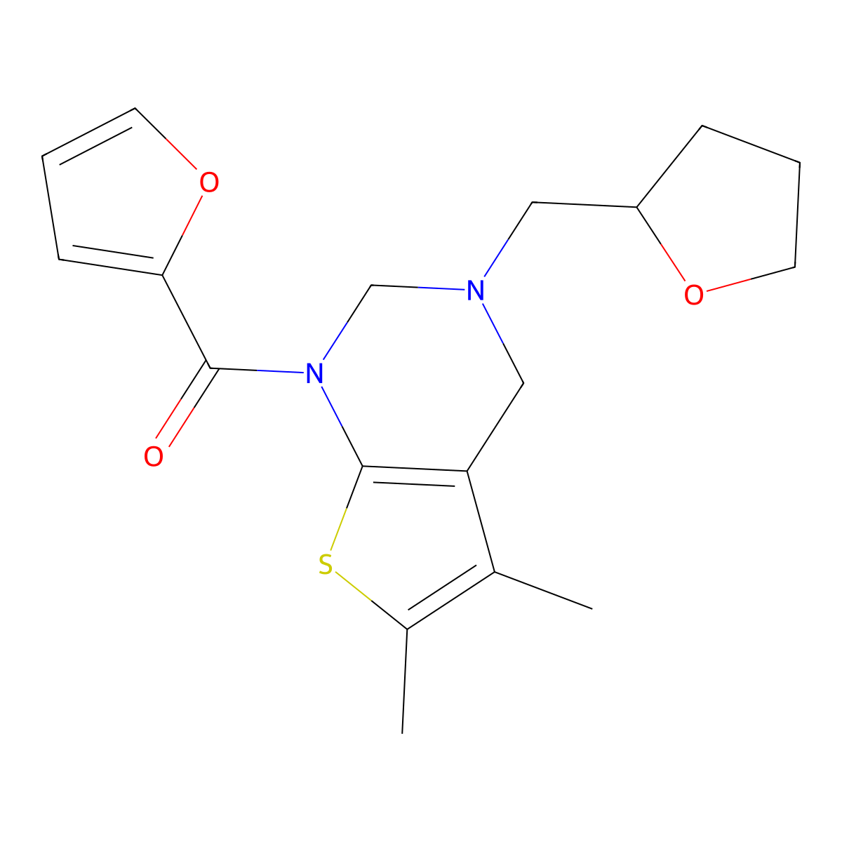 (5,6-dimethyl-3-((tetrahydrofuran-2-yl)methyl)-3,4-dihydrothieno[2,3-d]pyrimidin-1(2H)-yl)(furan-2-yl)methanone molecular structure, CAS 618409-99-7