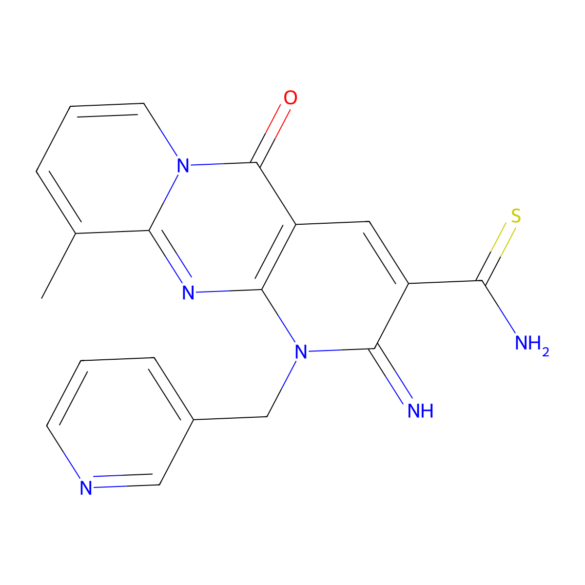 2-Imino-10-methyl-5-oxo-1-(3-pyridinylmethyl)-1,5-dihydro-2H-dipyrido[1,2-A:2,3-D]pyrimidine-3-carbothioamide molecular structure, CAS 618410-14-3