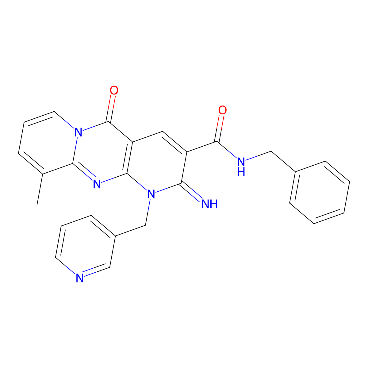 N-Benzyl-2-imino-10-methyl-5-oxo-1-(3-pyridinylmethyl)-1,5-dihydro-2H-dipyrido[1,2-A:2,3-D]pyrimidine-3-carboxamide molecular structure, CAS 618410-22-3