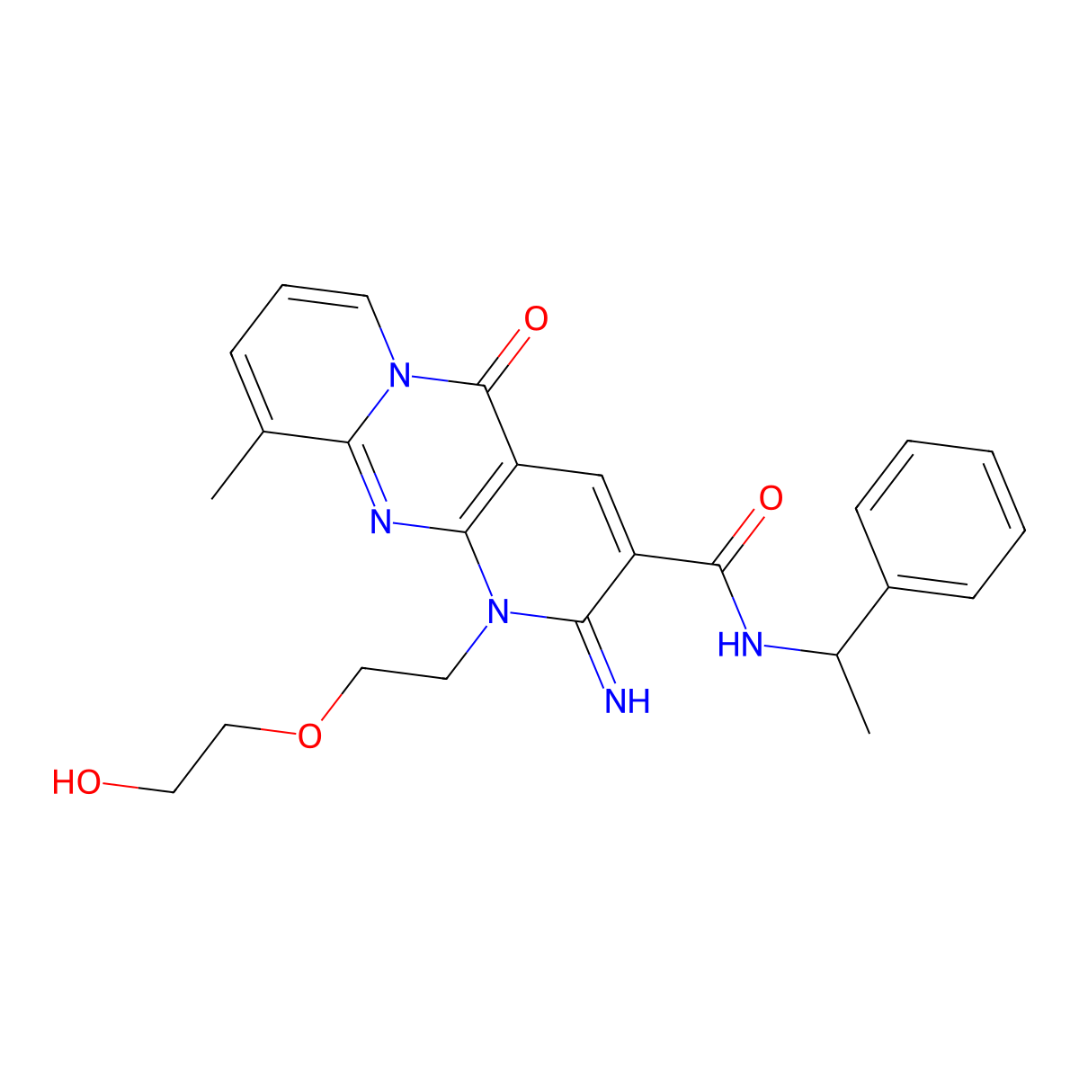 1-(2-(2-Hydroxyethoxy)ethyl)-2-imino-10-methyl-5-oxo-N-(1-phenylethyl)-1,5-dihydro-2H-dipyrido(1,2-A:2,3-D)pyrimidine-3-carboxamide molecular structure, CAS 618410-29-0