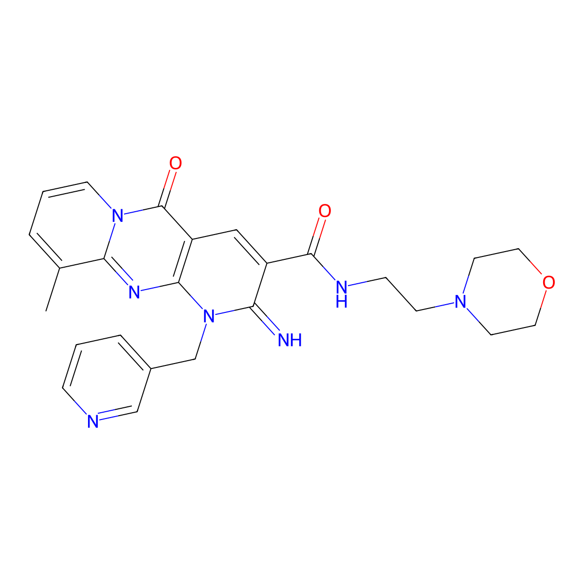 2-Imino-10-methyl-N-(2-(4-morpholinyl)ethyl)-5-oxo-1-(3-pyridinylmethyl)-1,5-dihydro-2H-dipyrido(1,2-A:2,3-D)pyrimidine-3-carboxamide molecular structure, CAS 618410-36-9