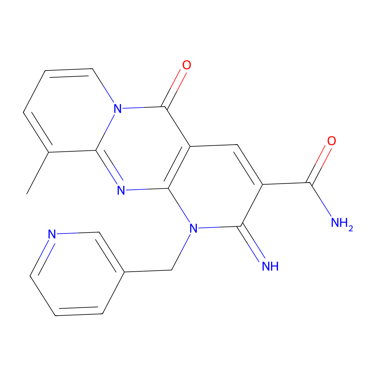 2-Imino-10-methyl-5-oxo-1-(3-pyridinylmethyl)-1,5-dihydro-2H-dipyrido(1,2-A:2,3-D)pyrimidine-3-carboxamide molecular structure, CAS 618410-57-4