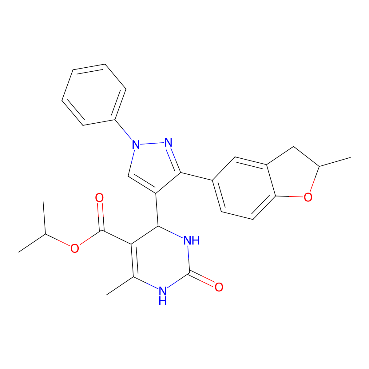 Isopropyl 6-methyl-4-(3-(2-methyl-2,3-dihydro-1-benzofuran-5-YL)-1-phenyl-1H-pyraz OL-4-YL)-2-oxo-1,2,3,4-tetrahydro-5-pyrimidinecarboxylate molecular structure, CAS 618410-85-8