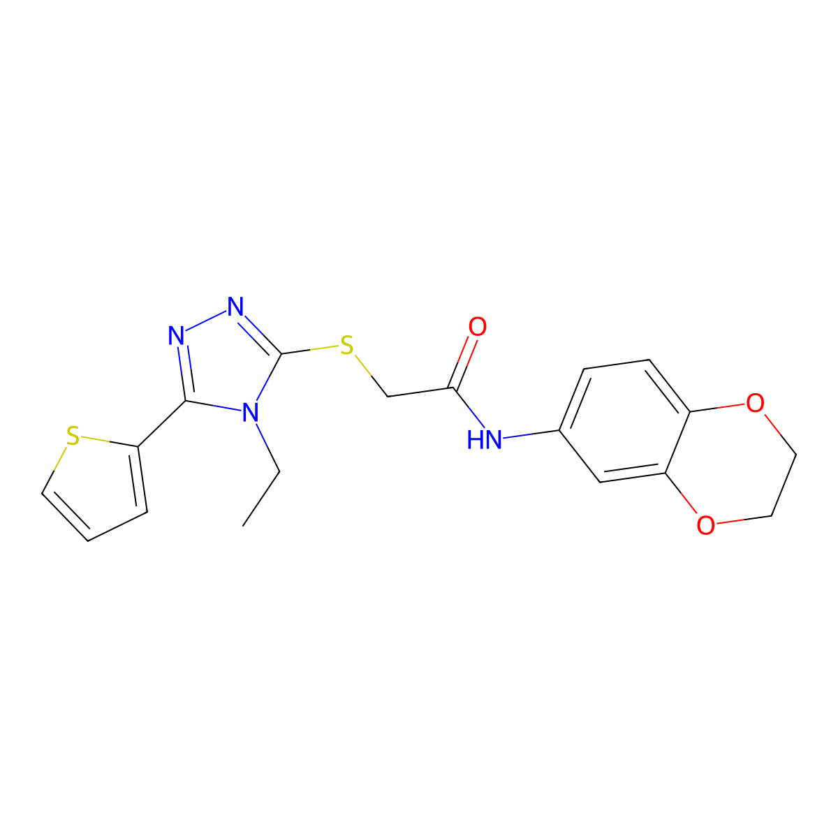 N-(2,3-Dihydro-1,4-benzodioxin-6-YL)-2-((4-ethyl-5-(2-thienyl)-4H-1,2,4-triazol-3-YL)sulfanyl)acetamide molecular structure, CAS 618411-84-0