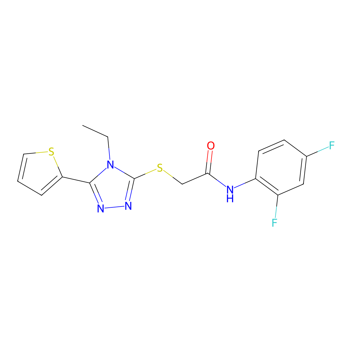 N-(2,4-Difluorophenyl)-2-((4-ethyl-5-(2-thienyl)-4H-1,2,4-triazol-3-YL)sulfanyl)acetamide molecular structure, CAS 618411-91-9