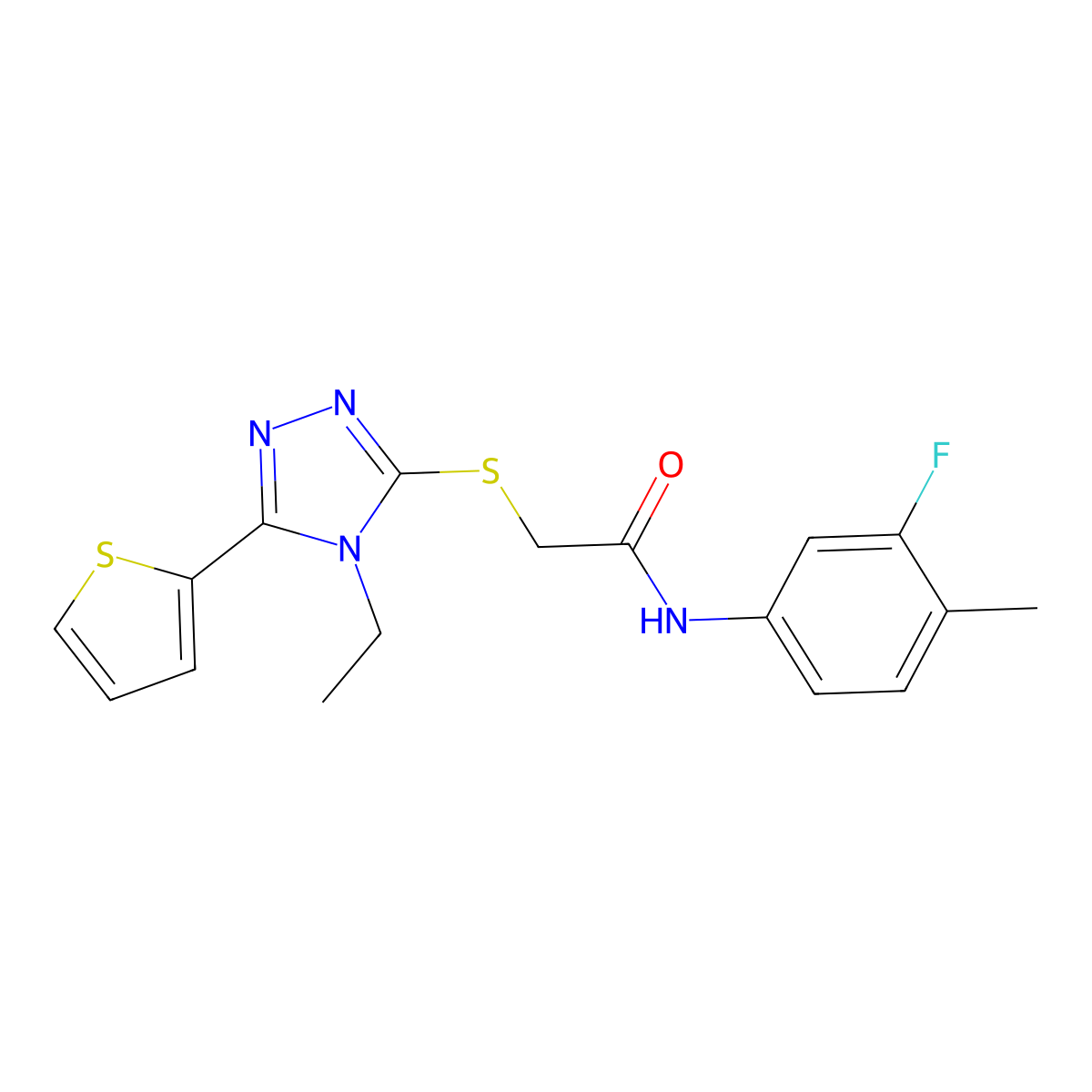 2-((4-Ethyl-5-(2-thienyl)-4H-1,2,4-triazol-3-YL)sulfanyl)-N-(3-fluoro-4-methylphenyl)acetamide molecular structure, CAS 618411-98-6
