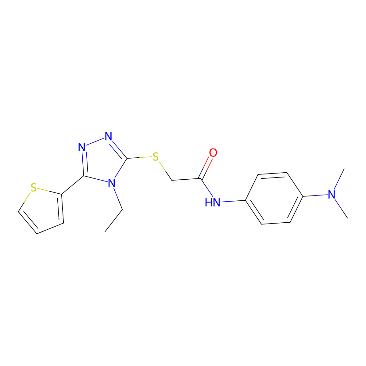 N-(4-(Dimethylamino)phenyl)-2-((4-ethyl-5-(2-thienyl)-4H-1,2,4-triazol-3-YL)sulfanyl)acetamide molecular structure, CAS 618412-18-3