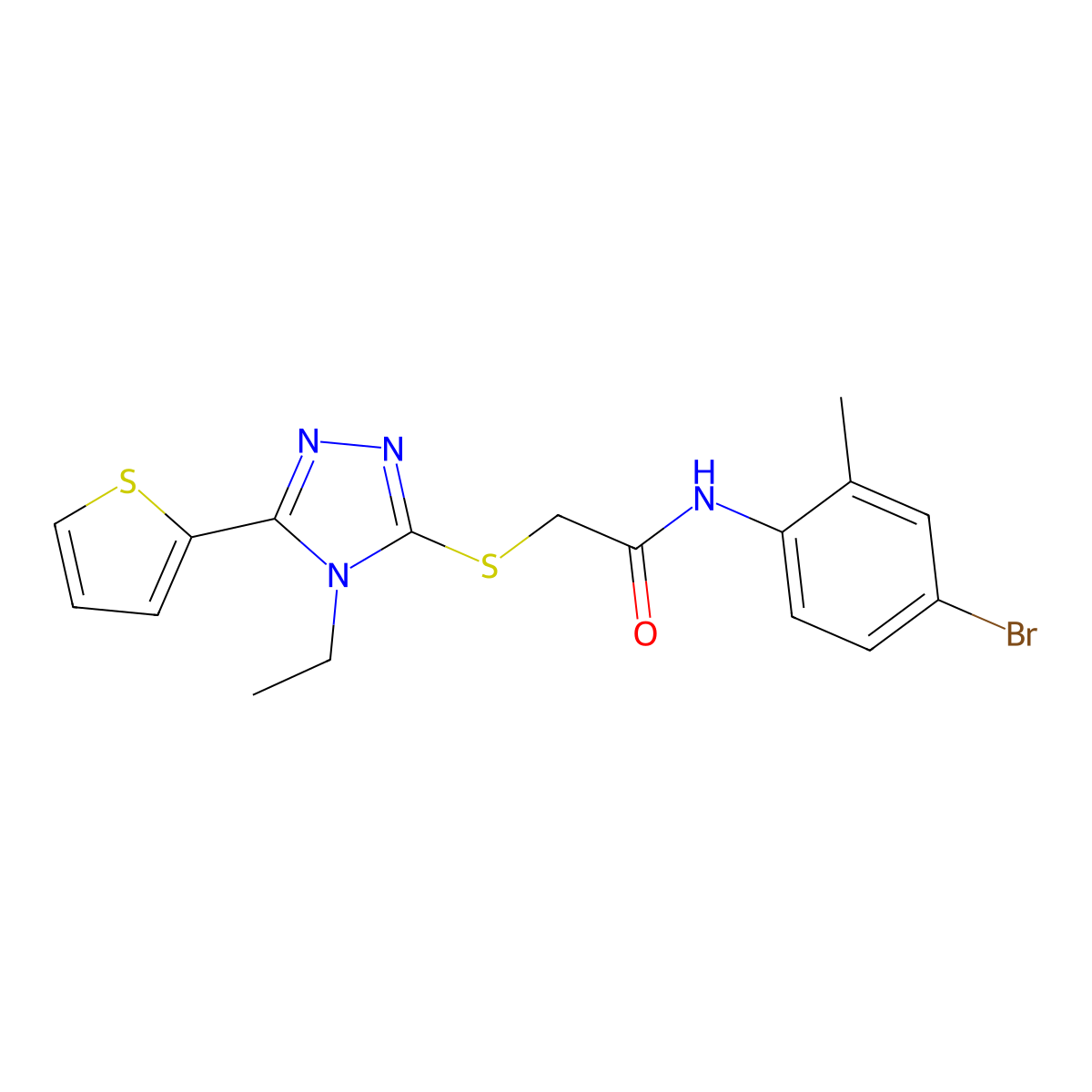 N-(4-Bromo-2-methylphenyl)-2-{[4-ethyl-5-(2-thienyl)-4H-1,2,4-triazol-3-YL]sulfanyl}acetamide molecular structure, CAS 618412-24-1