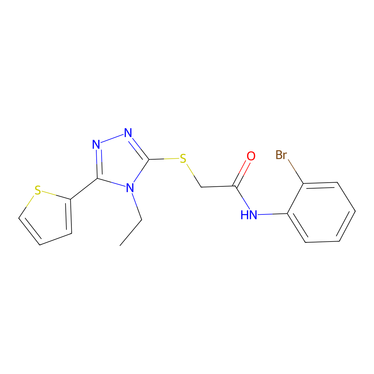N-(2-Bromophenyl)-2-((4-ethyl-5-(2-thienyl)-4H-1,2,4-triazol-3-YL)thio)acetamide molecular structure, CAS 618412-30-9