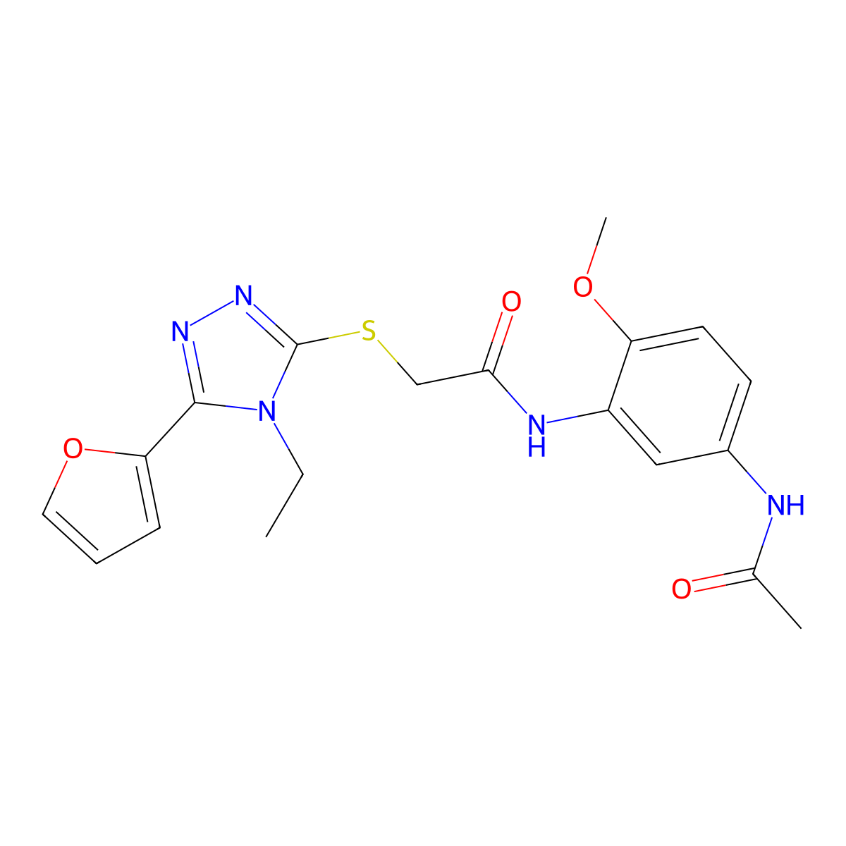 N-[5-(Acetylamino)-2-methoxyphenyl]-2-{[4-ethyl-5-(2-furyl)-4H-1,2,4-triazol-3-YL]sulfanyl}acetamide molecular structure, CAS 618412-72-9