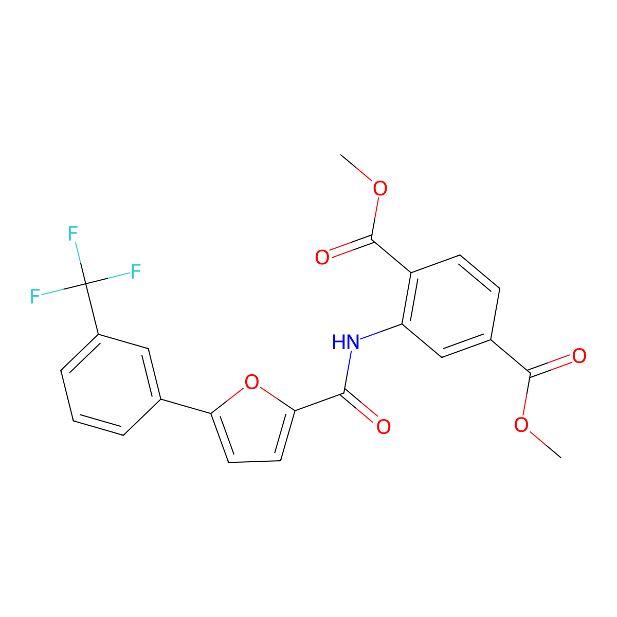 Dimethyl 2-(5-(3-(trifluoromethyl)phenyl)furan-2-carboxamido)terephthalate molecular structure, CAS 618414-25-8