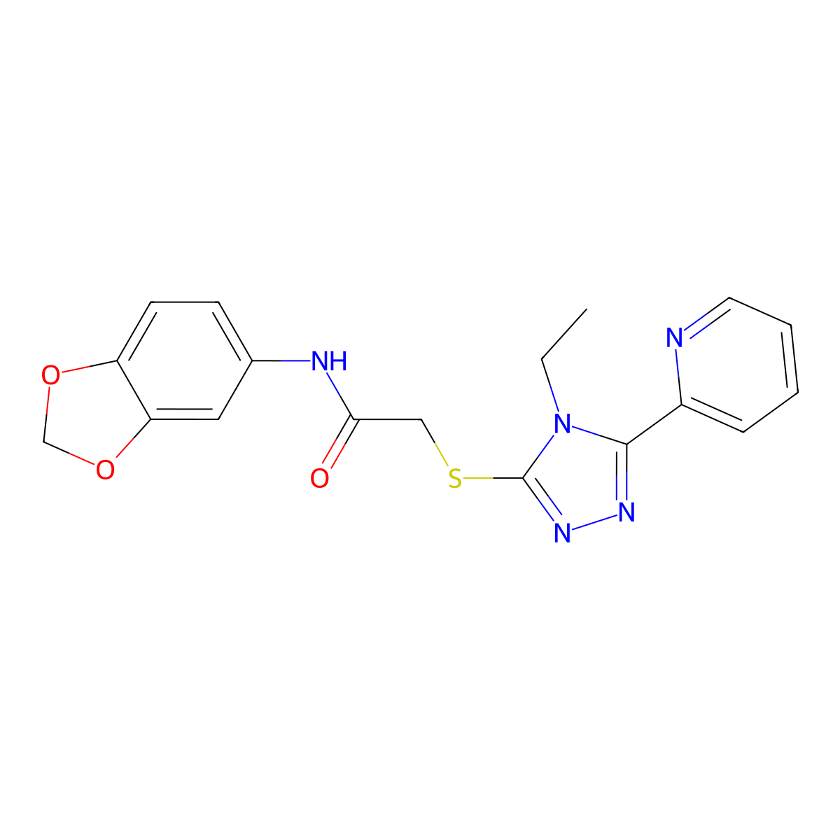 N-(1,3-Benzodioxol-5-YL)-2-((4-ethyl-5-(2-pyridinyl)-4H-1,2,4-triazol-3-YL)sulfanyl)acetamide molecular structure, CAS 618414-29-2