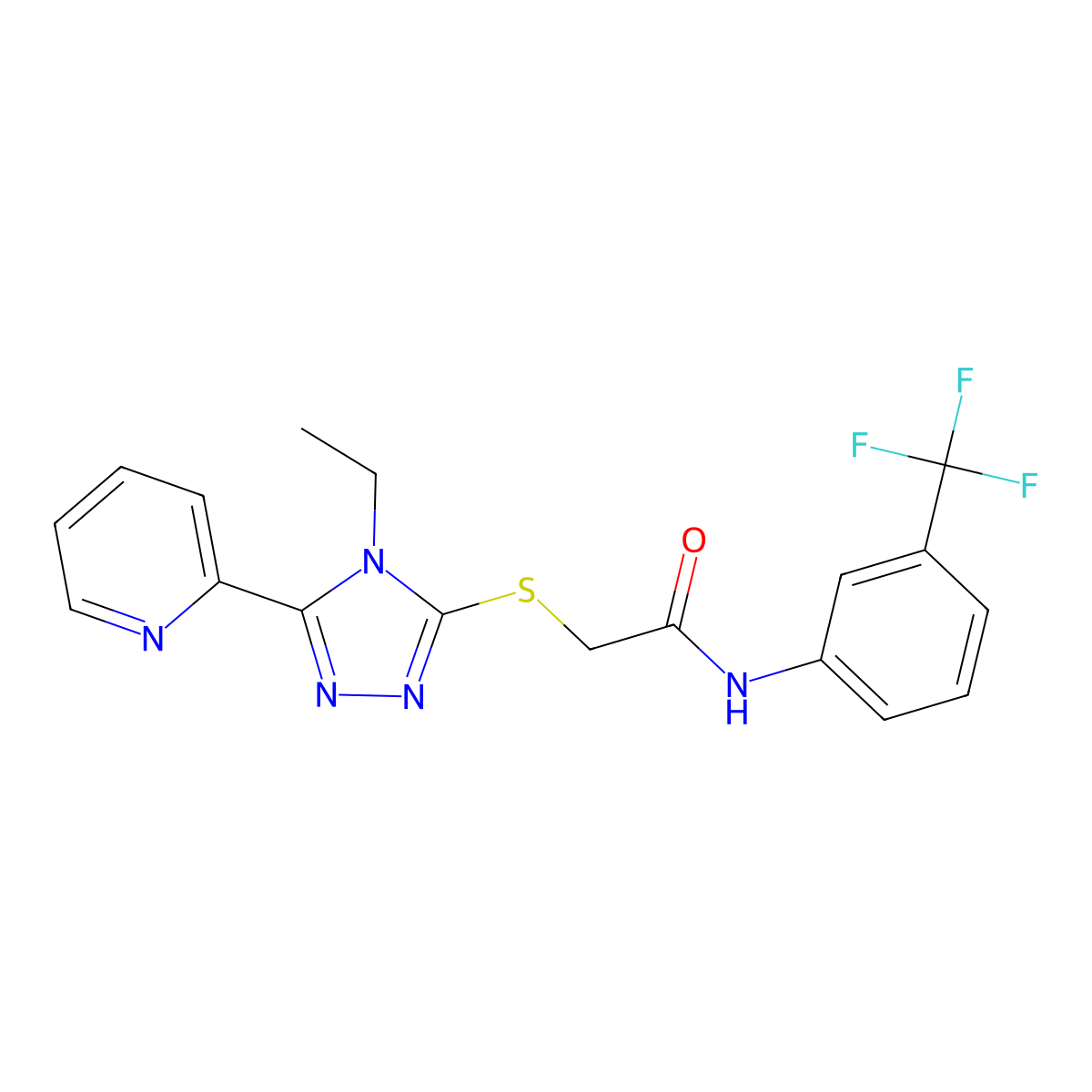 2-{[4-Ethyl-5-(2-pyridinyl)-4H-1,2,4-triazol-3-YL]sulfanyl}-N-[3-(trifluoromethyl)phenyl]acetamide molecular structure, CAS 618414-71-4