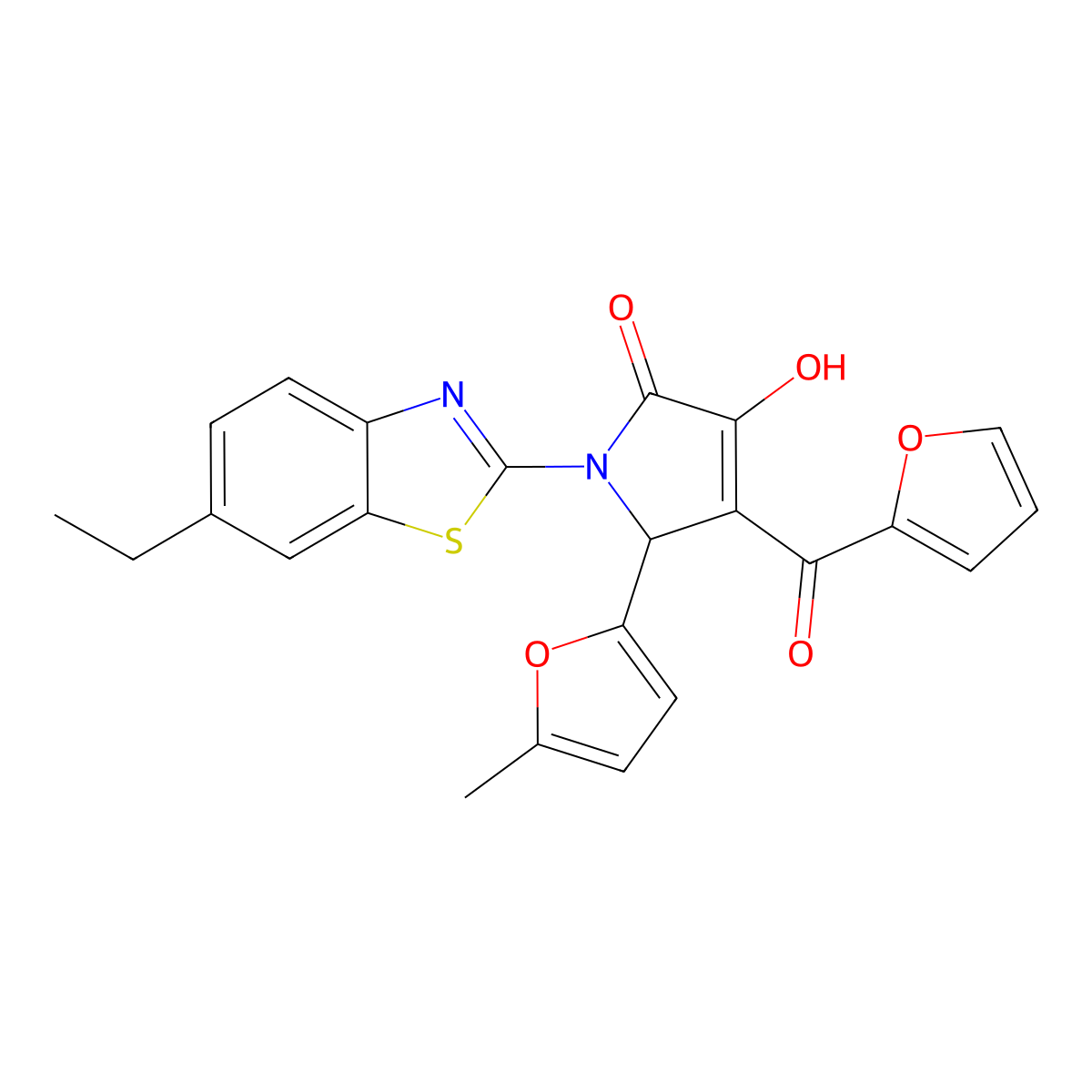 (4E)-1-(6-ethyl-1,3-benzothiazol-2-yl)-4-[furan-2-yl(hydroxy)methylidene]-5-(5-methylfuran-2-yl)pyrrolidine-2,3-dione molecular structure, CAS 618414-93-0