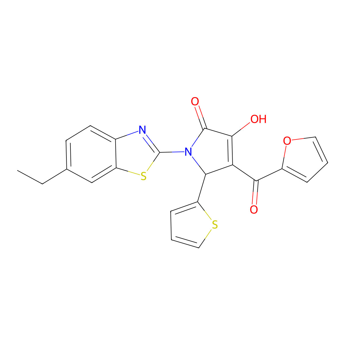 (4E)-1-(6-ethyl-1,3-benzothiazol-2-yl)-4-[furan-2-yl(hydroxy)methylidene]-5-(thiophen-2-yl)pyrrolidine-2,3-dione molecular structure, CAS 618414-99-6