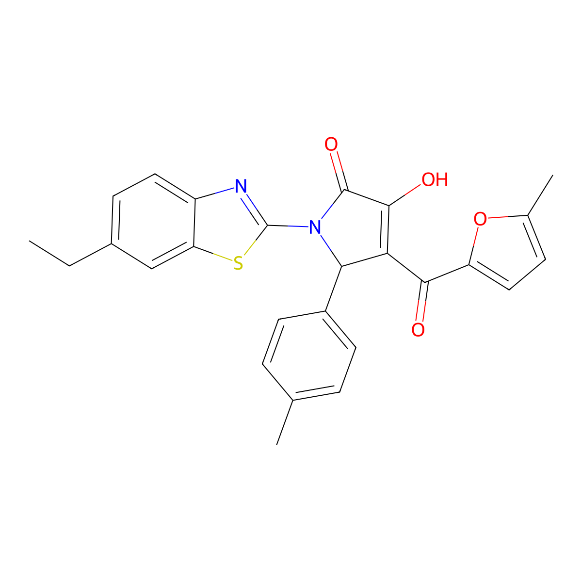 (4E)-1-(6-ethyl-1,3-benzothiazol-2-yl)-4-[hydroxy(5-methylfuran-2-yl)methylidene]-5-(4-methylphenyl)pyrrolidine-2,3-dione molecular structure, CAS 618415-11-5