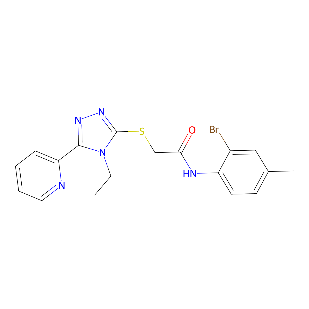 N-(2-Bromo-4-methylphenyl)-2-((4-ethyl-5-(2-pyridinyl)-4H-1,2,4-triazol-3-YL)sulfanyl)acetamide molecular structure, CAS 618415-29-5