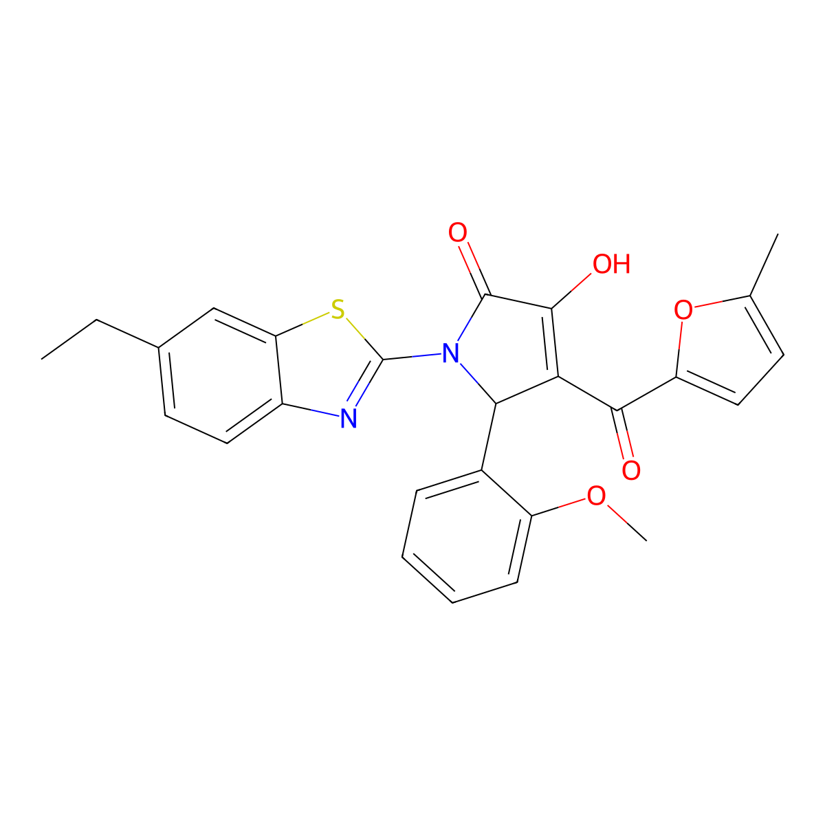 (4E)-1-(6-ethyl-1,3-benzothiazol-2-yl)-4-[hydroxy(5-methylfuran-2-yl)methylidene]-5-(2-methoxyphenyl)pyrrolidine-2,3-dione molecular structure, CAS 618415-69-3