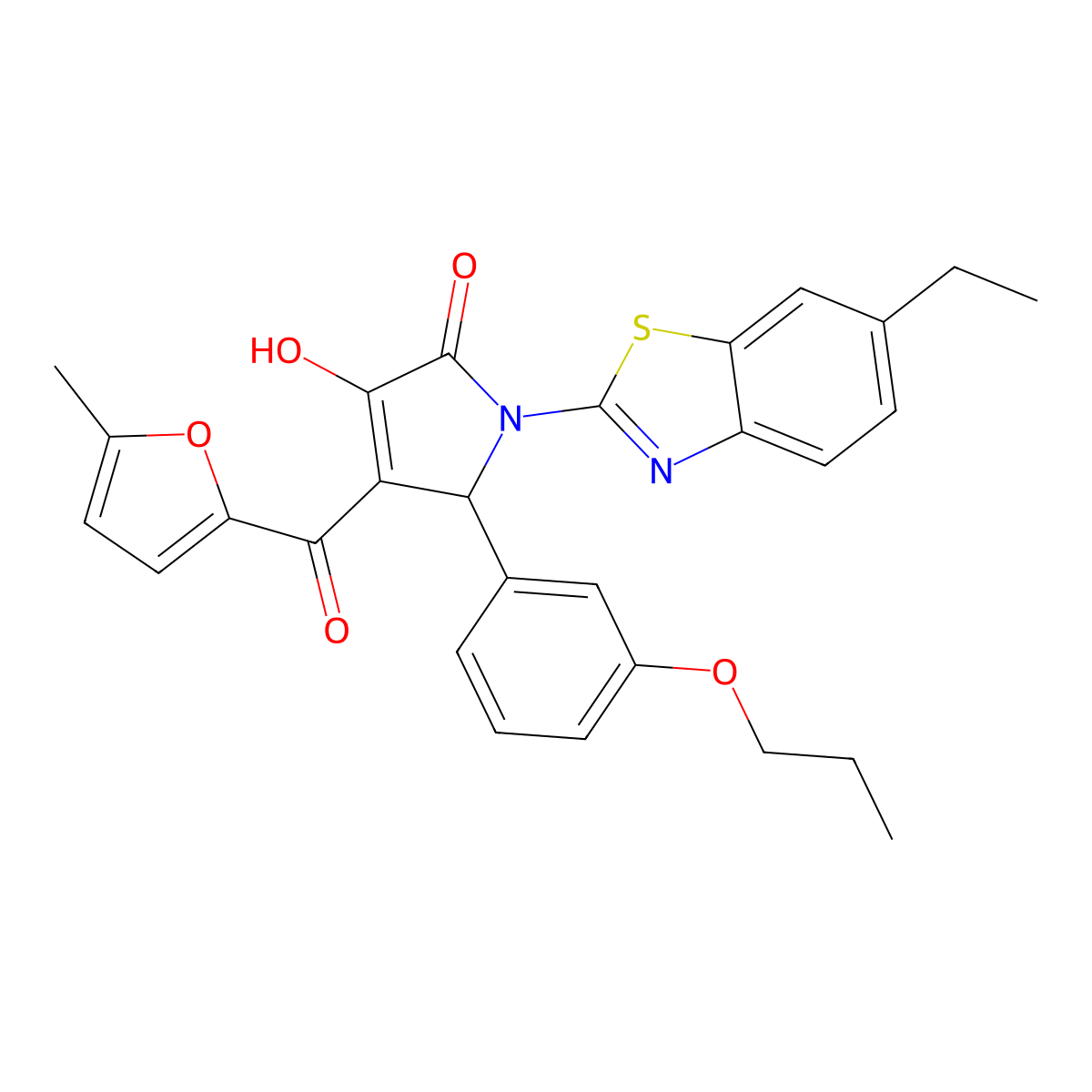 (4E)-1-(6-ethyl-1,3-benzothiazol-2-yl)-4-[hydroxy(5-methylfuran-2-yl)methylidene]-5-(3-propoxyphenyl)pyrrolidine-2,3-dione molecular structure, CAS 618415-98-8