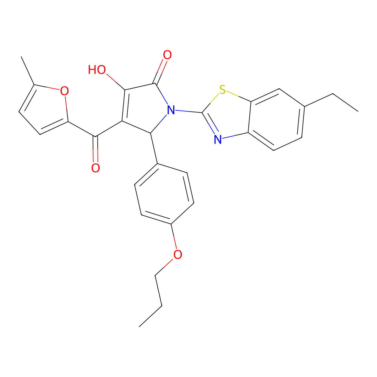 (4E)-1-(6-ethyl-1,3-benzothiazol-2-yl)-4-[hydroxy(5-methylfuran-2-yl)methylidene]-5-(4-propoxyphenyl)pyrrolidine-2,3-dione molecular structure, CAS 618416-10-7