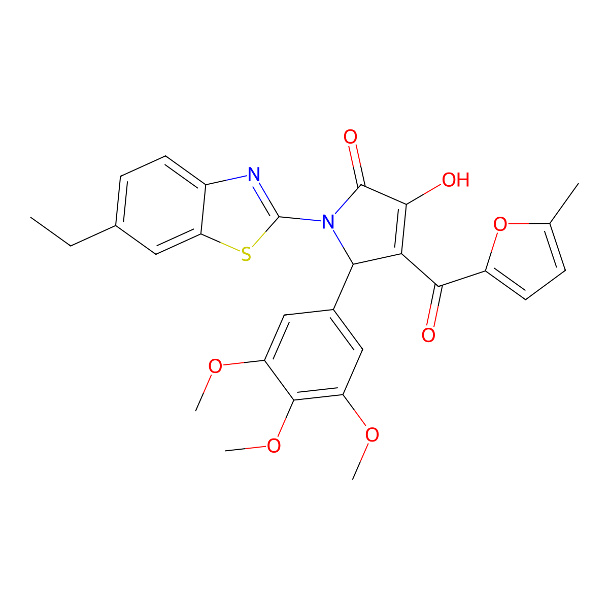(4E)-1-(6-ethyl-1,3-benzothiazol-2-yl)-4-[hydroxy(5-methylfuran-2-yl)methylidene]-5-(3,4,5-trimethoxyphenyl)pyrrolidine-2,3-dione molecular structure, CAS 618416-40-3